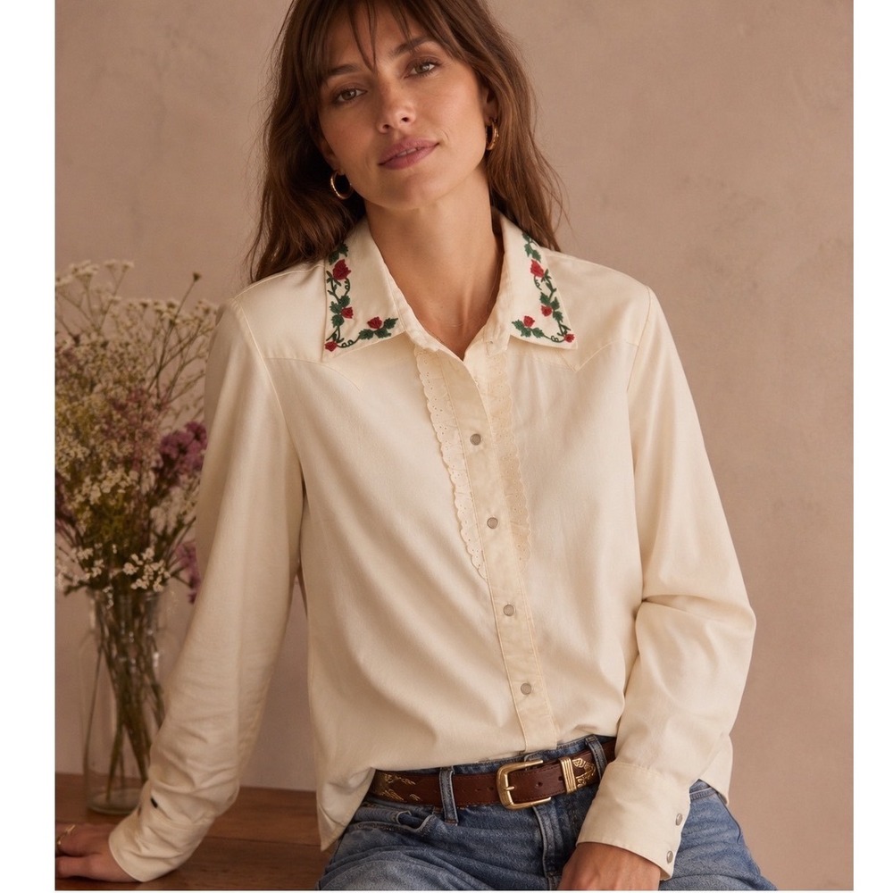 Vintage Rockmount Ranch Wear Cream Embroidered Rose‎ Western Shirt Ruffle Pearl